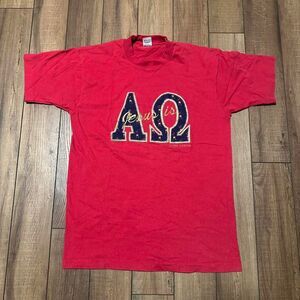 Vintage‎ 90s Jesus is alpha omega Greek gold t shirt red size large.
